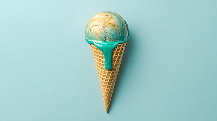 Bright blue ice cream cone melting on a pastel background during a warm summer day