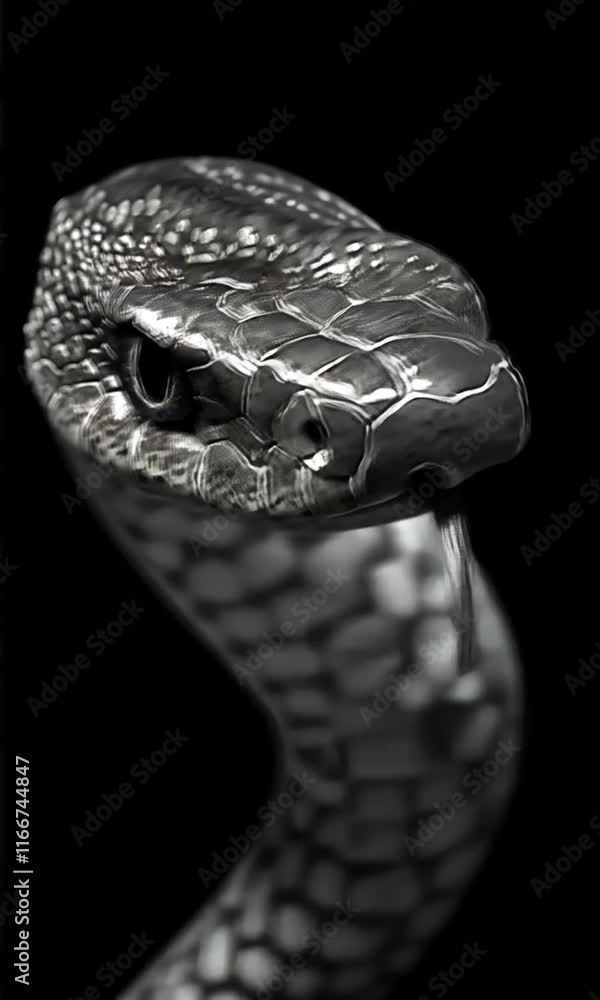 Poster close up of metallic snake showcasing intricate scales and texture, with dark background enhancing i