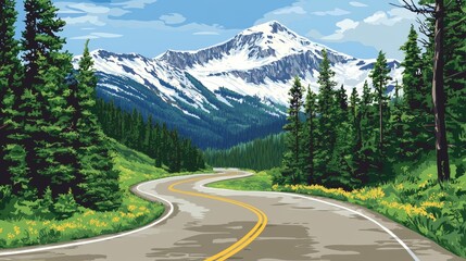 Winding road leads through lush green forest towards snow-capped mountains under a cloudy blue sky