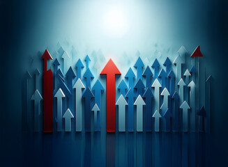 A field of blue arrows points upward, with a single, prominent red arrow standing out, symbolizing leadership and exceeding expectations.  It represents ambition, achievement, and standing out from th