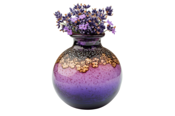 Beautiful purple vase filled with fresh lavender flowers on a white background showcasing elegant craftsmanship