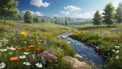 Serene Summer Meadow Landscape with Stream and Butterflies - Stock Photo