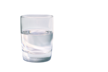 Clear glass of water on a white background reflecting natural light during daytime