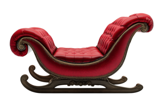 Elegant red sled style chair with intricate design and luxurious upholstery for modern decor