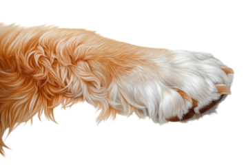 Dog's paw resting gently on a white surface showcasing beautiful fur textures and color contrasts