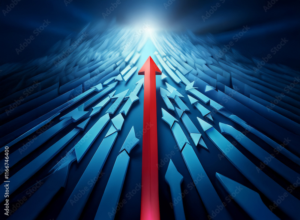 Poster a red arrow ascends, contrasting a maze of blue arrows pointing in different directions. it symboliz