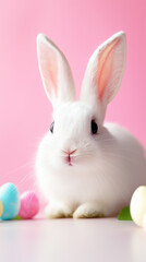 white bunny rabbit with colorful easter eggs on pink background