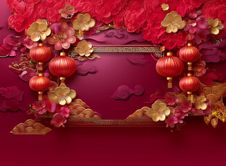 A rich crimson backdrop features ornate gold and red paper flowers, auspicious clouds, and hanging lanterns.  Perfect for festive celebrations.