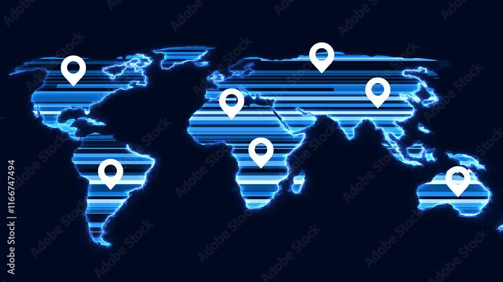 Aufkleber abstract world map animation with pointers. pins, navigation and travel concept. gps location servic