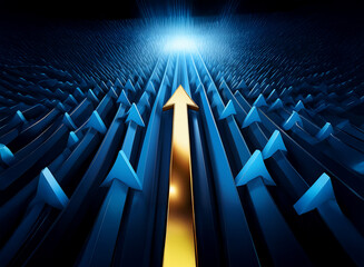 Obraz premium A gold arrow ascends, leading a multitude of blue arrows towards a bright light. Symbolizing ambition, progress, and the pursuit of success.