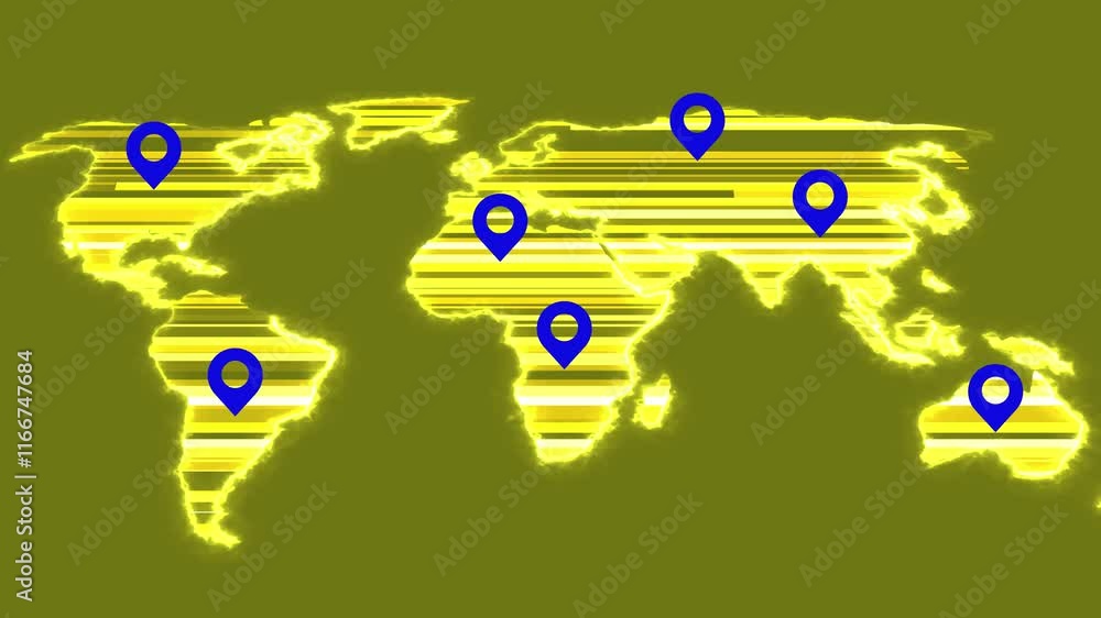 Poster abstract world map animation with pointers. pins, navigation and travel concept. gps location servic
