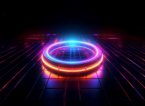 Glowing neon ring, vibrant pink and blue, rests on a dark, gridded surface.  A futuristic, ethereal glow emanates from its center.