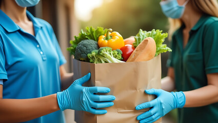 The delivery person bringing groceries to a masked recipient, with vegetables and bread. Suitable for food delivery and contactless purchasing concepts.