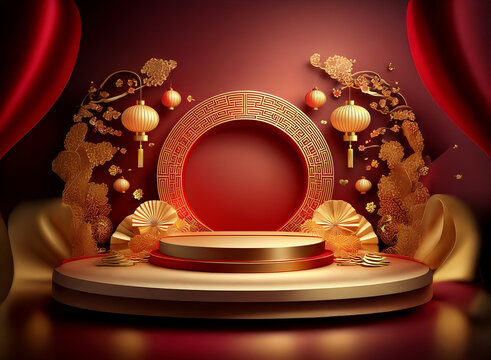 Elegant podium display, adorned with gold and red Chinese-inspired elements.  Luxurious fabrics frame the scene, perfect for product showcase.  The design is festive and celebratory.