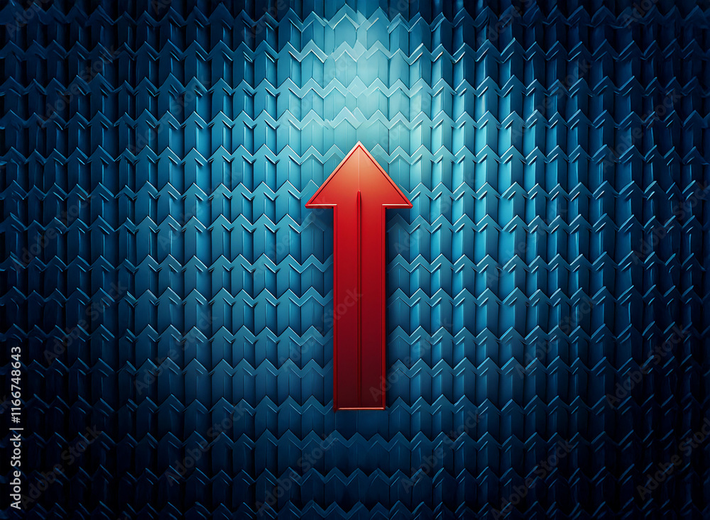 Poster a single red arrow points upward, illuminated, amidst a field of smaller blue arrows. it symbolizes 