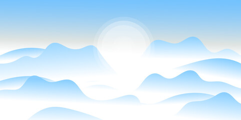 Vector realistic background. Minimalistic landscape with mountain. Blue panoramic banner. Fog in the mountains. Polygonal wallpapers. Misty morning. Sun.