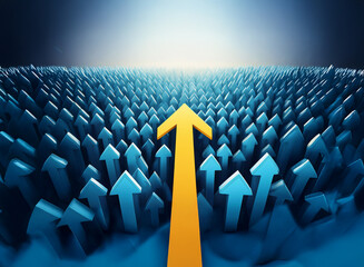 Fototapeta premium A single golden arrow ascends, standing out amongst a sea of smaller, blue arrows pointing upwards. It symbolizes leadership, ambition, and standing out from the crowd.