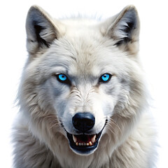 Obraz premium White wolf with blue eyes growling isolated on white background as transparent. PNG. AI GENERATED