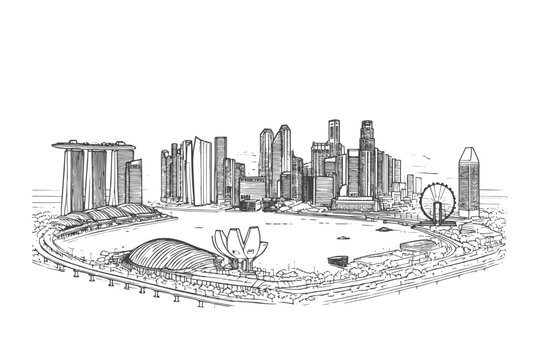 single Line drawing of Modern cityscape of Singapore city isolated on white background