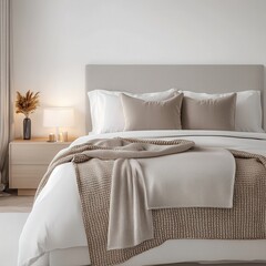 Cozy and elegant bedroom featuring soft tones and modern design elements.