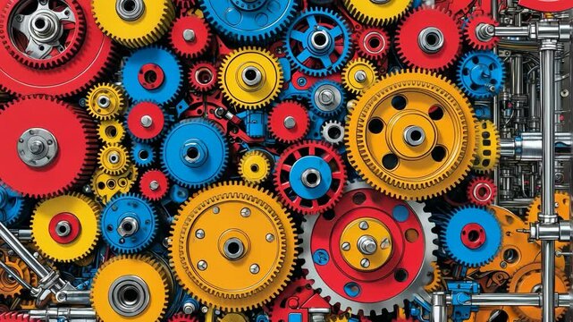Video footage of intricate arrangement of colorful gears in red, blue, and yellow, interlocked and meshing together to form a complex mechanical pattern