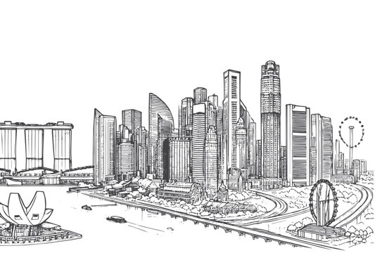 single Line drawing of Modern cityscape of Singapore city isolated on white background