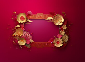 Elegant crimson backdrop features a golden ornate frame adorned with paper flowers and auspicious clouds, perfect for celebratory announcements.
