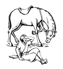 Vector drawing. A man fall from the horse