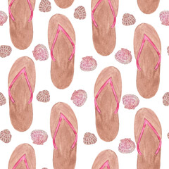Mocha flip-flops with pink straps watercolor seamless pattern isolated on white. Hand drawn art perfect for souvenir decor and design, scrapbook, wrapping paper. Summer vacations. Beach clip art
