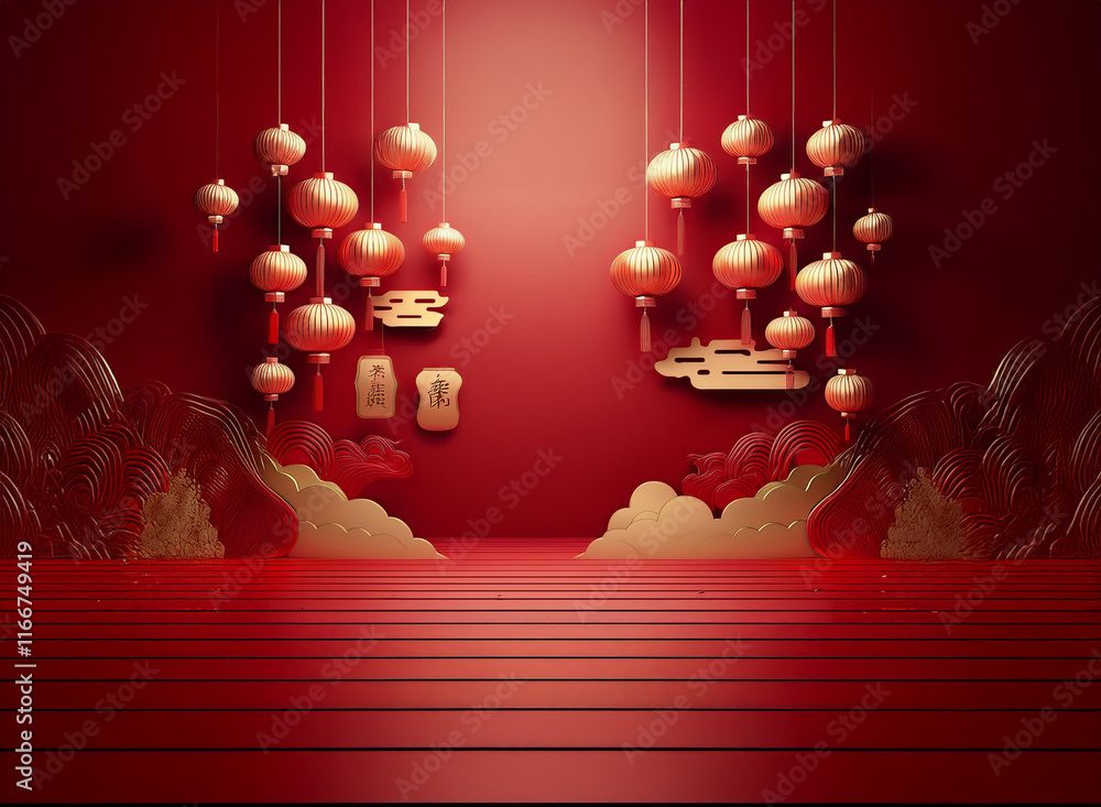 Canvas Prints Elegant red backdrop with hanging lanterns and gold clouds, symbolizing prosperity and celebration.  Perfect for festive occasions.