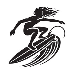 Surfing Silhouette Vector Illustration, Solid White Background.