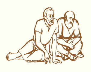 Vector drawing. Man sitting on the ground