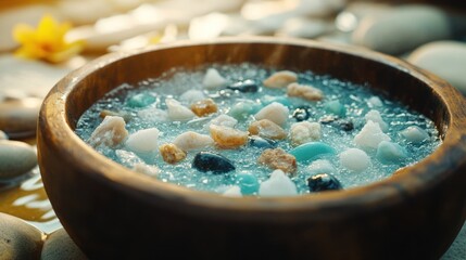 Serene Spa Stones:  Relaxing Water and Colorful Pebbles in Wooden Bowl