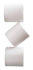 Three rolls of white tissue paper or toilet paper in stack isolated with clipping path in png file format