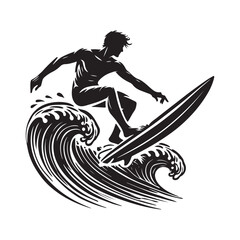 Surfing Silhouette Vector Illustration, Solid White Background.