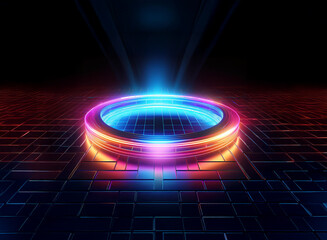 A glowing neon ring, vibrant pink and blue, rests on a dark, gridded surface.  Bright light beams illuminate the scene from above, creating a futuristic, ethereal atmosphere.