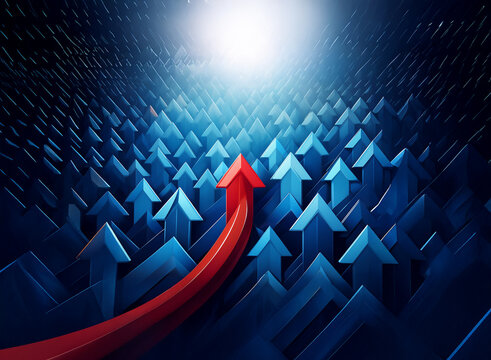 A single, bold red arrow ascends, surpassing a field of smaller, blue arrows pointing upwards.  This symbolizes leadership, standing out, and exceeding expectations.