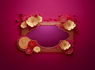 Elegant gold and crimson paper-cut flowers adorn a ornate frame against a rich magenta background.  Perfect for festive celebrations.