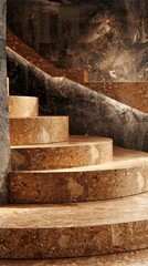 Dramatic weathered stone staircase leading through a dimly lit ancient and crumbling interior setting with a moody atmospheric ambiance  The rough