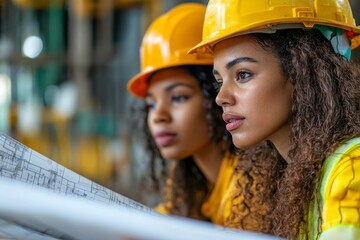  A woman in a helmet and safety waistcoat holding blueprints at a construction site with cranes and buildings in the background. Generative AI