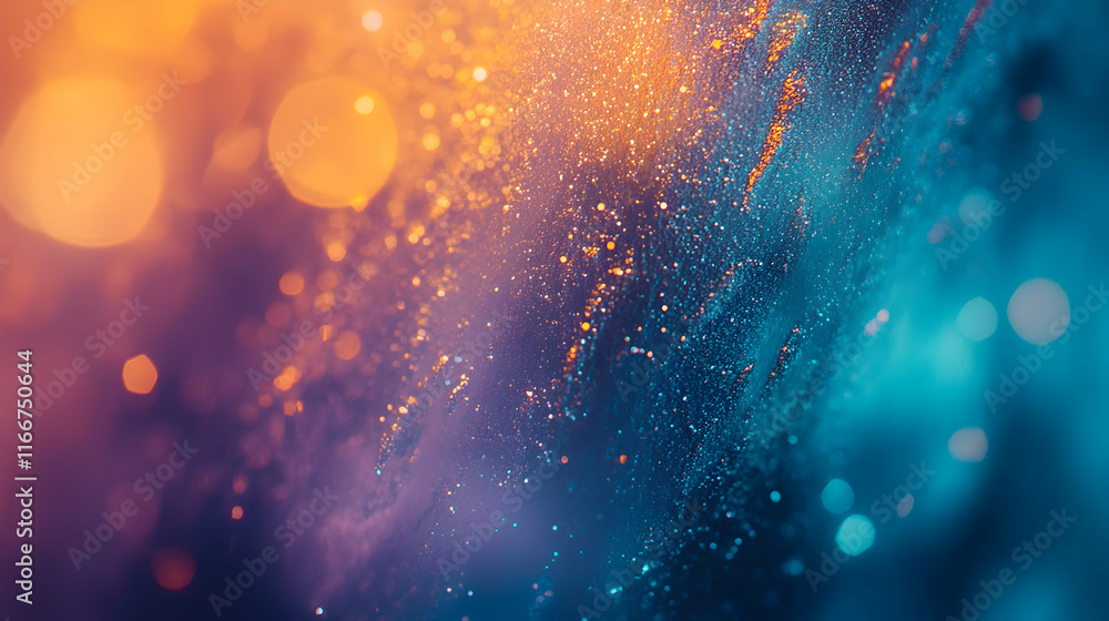 Poster abstract bokeh lights indoors with a mix of golden and teal hues, faint glow particle effect enhanci