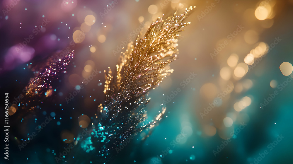 Poster abstract bokeh lights indoors with a mix of golden and teal hues, faint glow particle effect enhanci