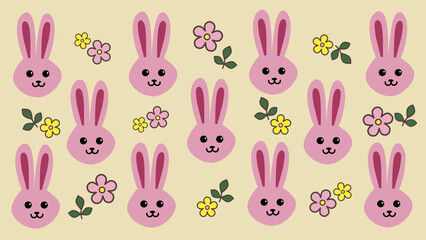 Pattern with pink rabbits head and and flowers. Happy Easter Bunny.