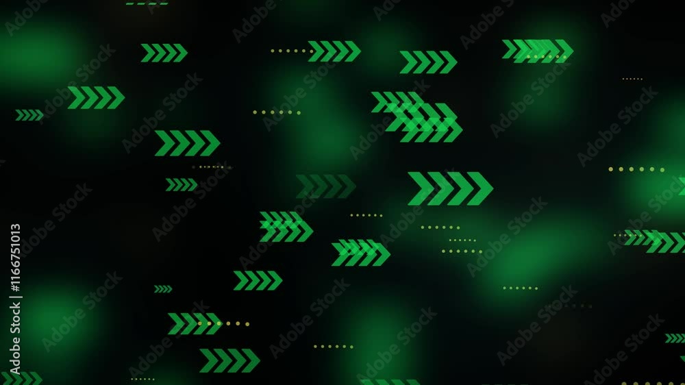 Poster animated abstract technology dark green background. arrows looped animation, glowing particles. hi-t