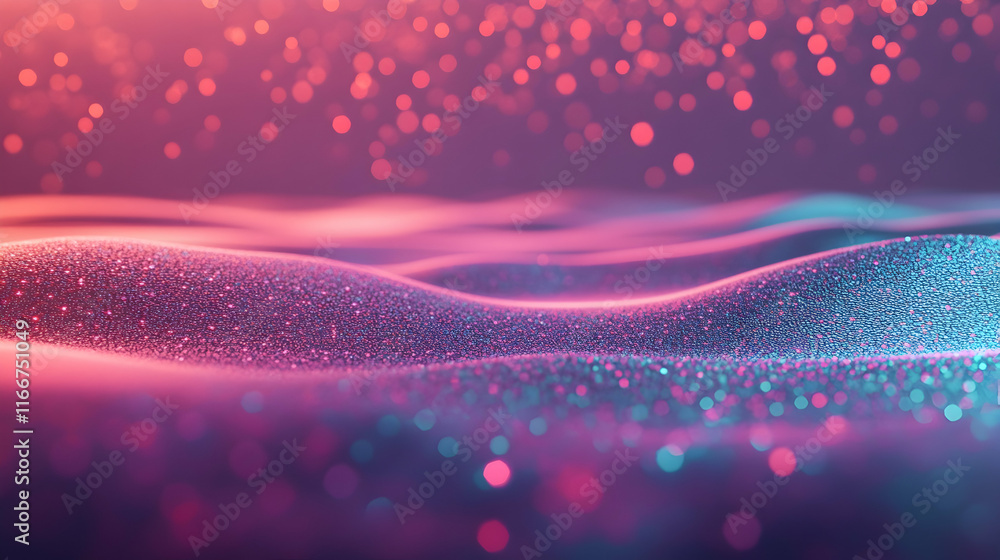 Poster abstract pastel-toned bokeh with glowing red and turquoise sparkles indoors over a smooth grey and l