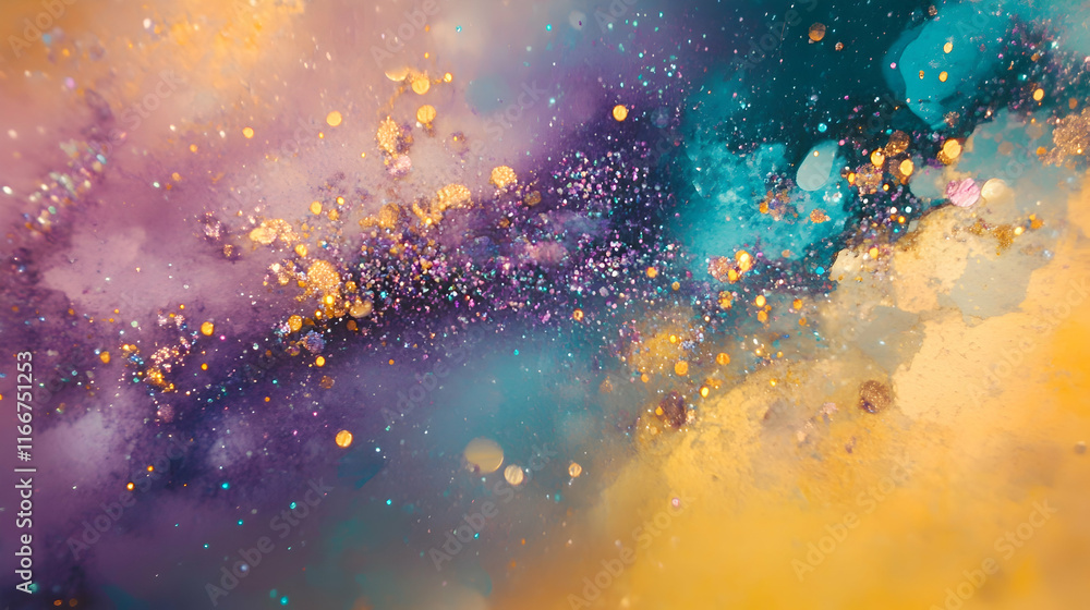 Poster abstract teal and lavender bokeh sparkles glowing indoors, enhanced by shimmering particle effects o