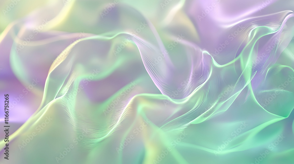 Poster bright abstract bokeh with green and purple hues, indoors with subtle glow particle effects on a sof