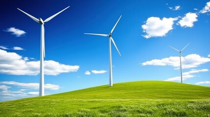 Turbines Spinning in a Green Field Under Blue Sky