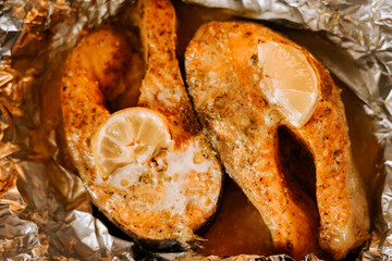 Delicious trout steak baked with lemon and grilled to perfection for a delightful meal