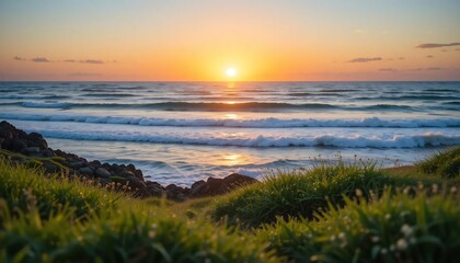 Sunrise Ocean Waves Crashing on Rocky Shore - Serene Coastal Landscape